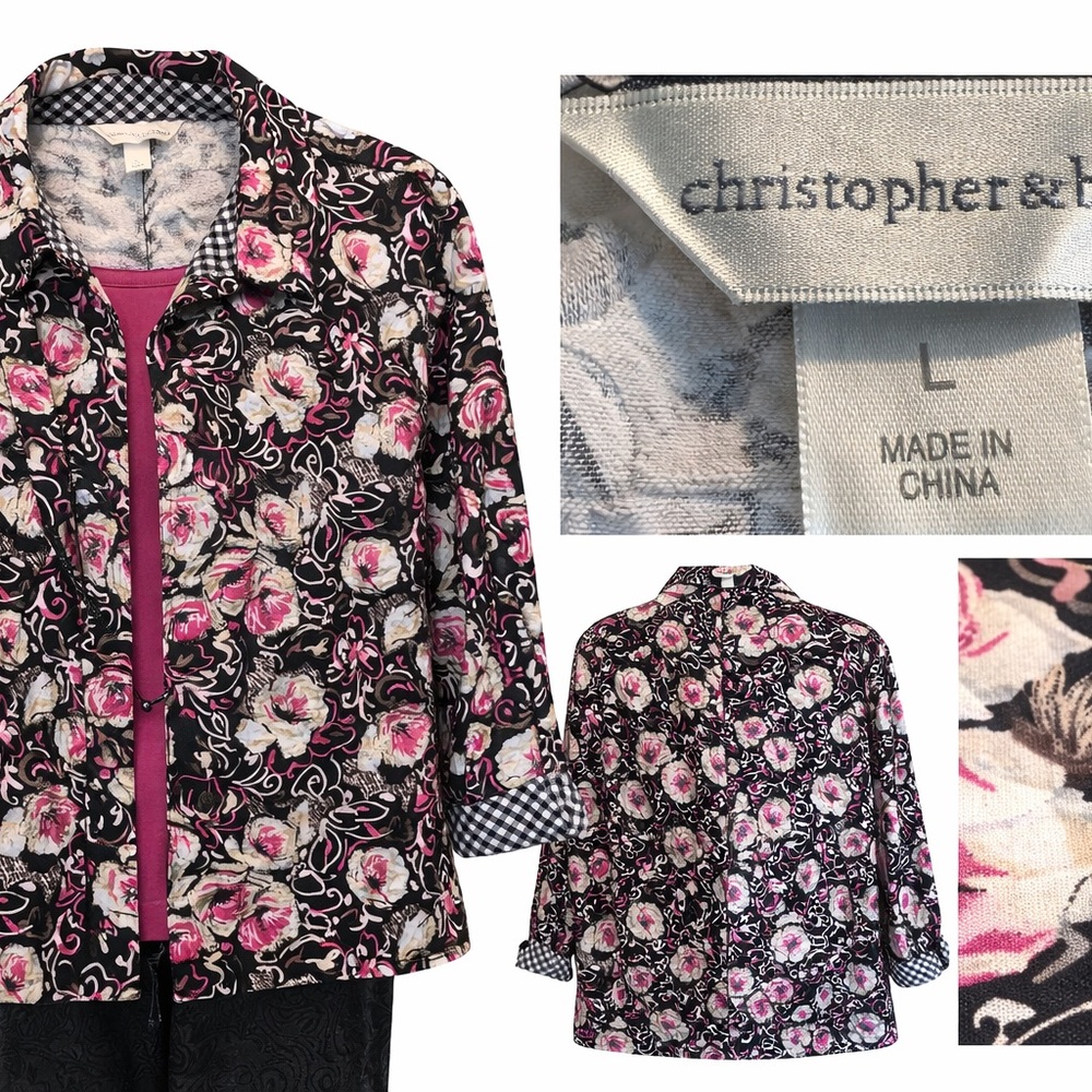 Floral Black & Pink Button-Up Jacket with Gingham Trim - Picture 3 of 3